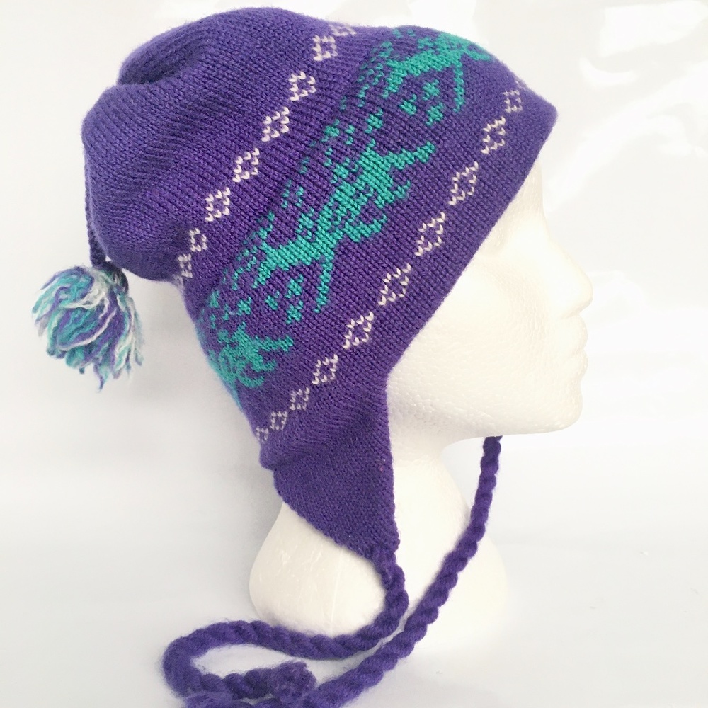 Gordini Hat Beanie Toque Pompom Braided Ties Purple Green Ear Covering